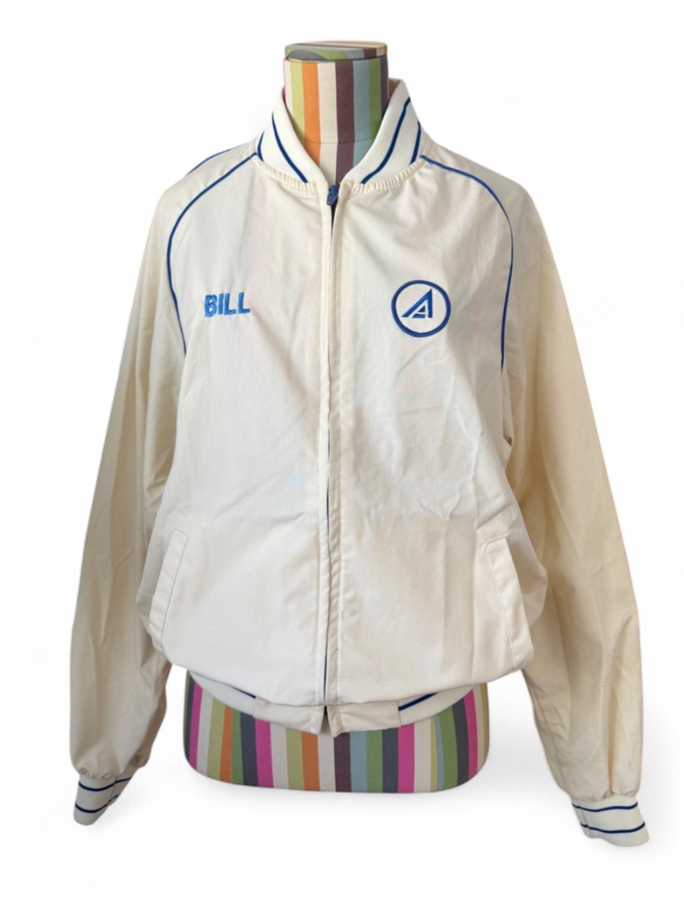 Vintage Swingster Embroidered “ BILL “ Logo Jacket Blue Piping Striped Cuffs
